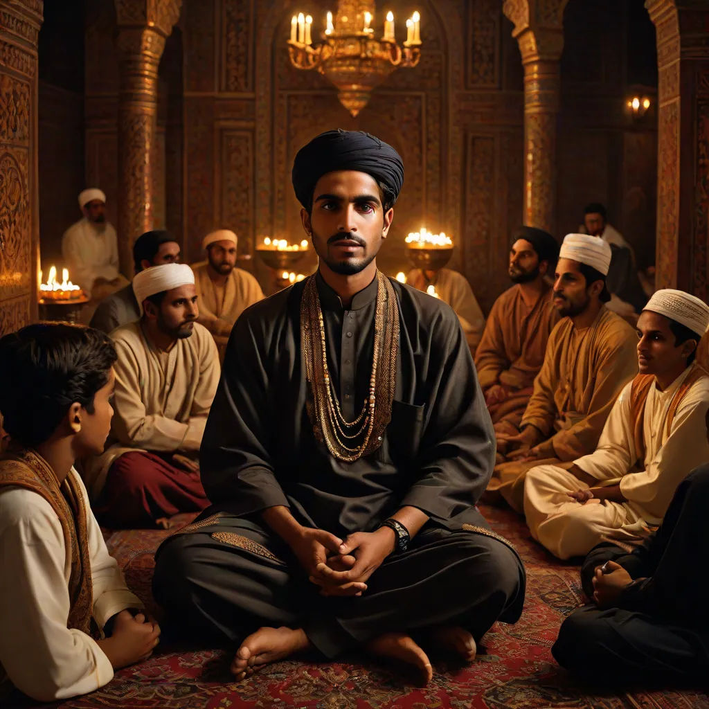a man sitting in a room surrounded by other men in turbans and sitting down in prayer robes, hurufiyya, a poster, Altoon Sultan, orientalism