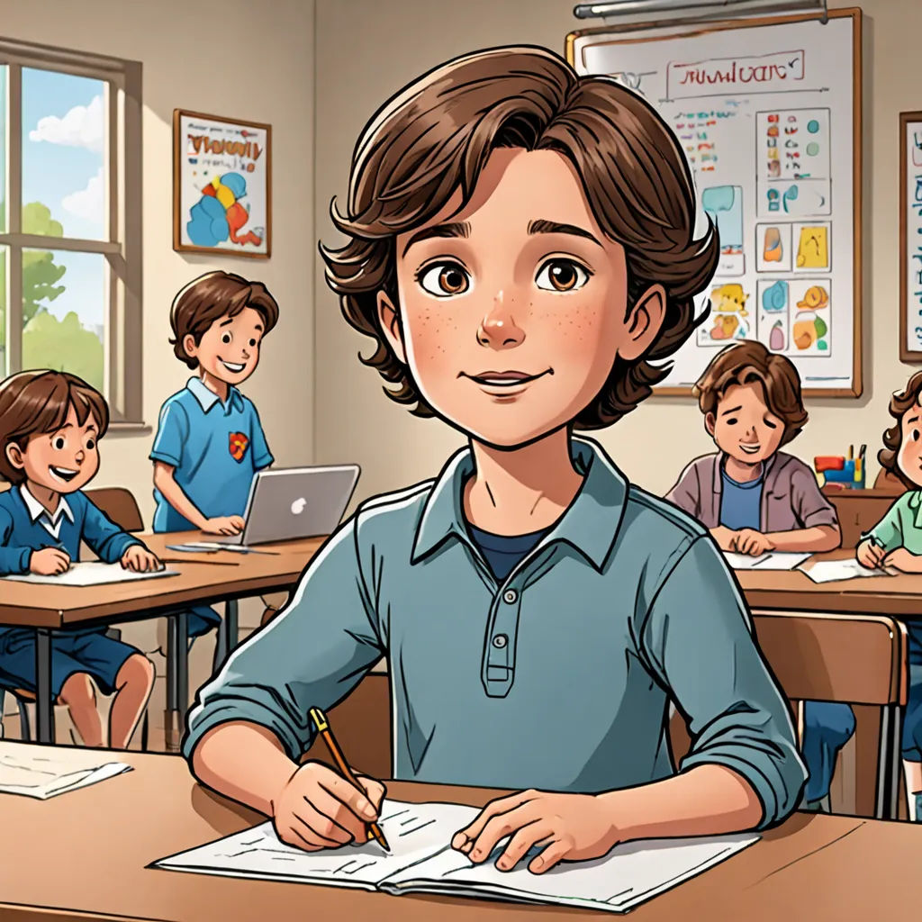 a boy is sitting at a desk with a book and a pen in his hand and a group of children behind him, paris school, a storybook illustration, Diego Gisbert Llorens, official art
