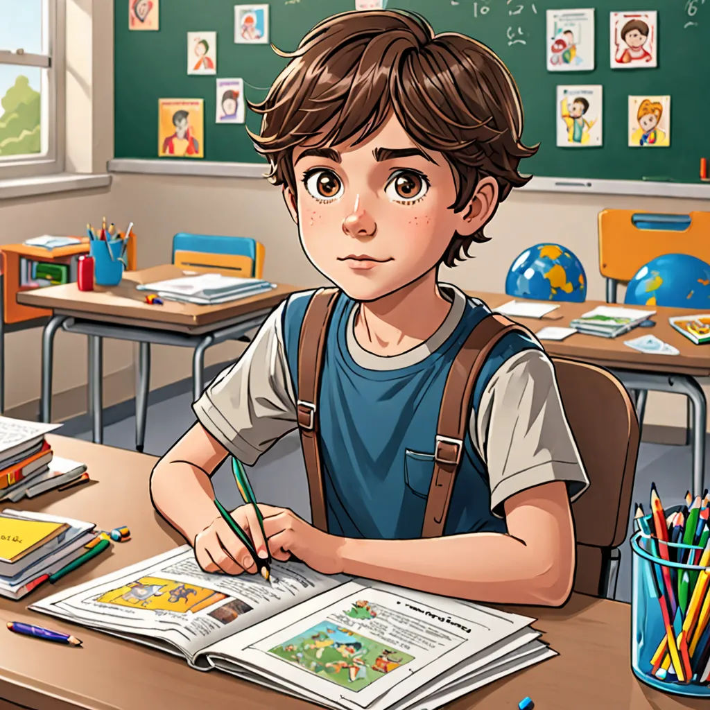 a boy is sitting at a desk with a book and pencils in front of him and a book with a picture of him, paris school, a storybook illustration, Cedric Seaut (Keos Masons), 2 d game art