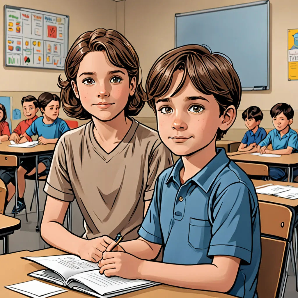 a boy and girl sitting at desks in a classroom with a book open and a pencil in their hand, vancouver school, a comic book panel, Diego Gisbert Llorens, graphic novel