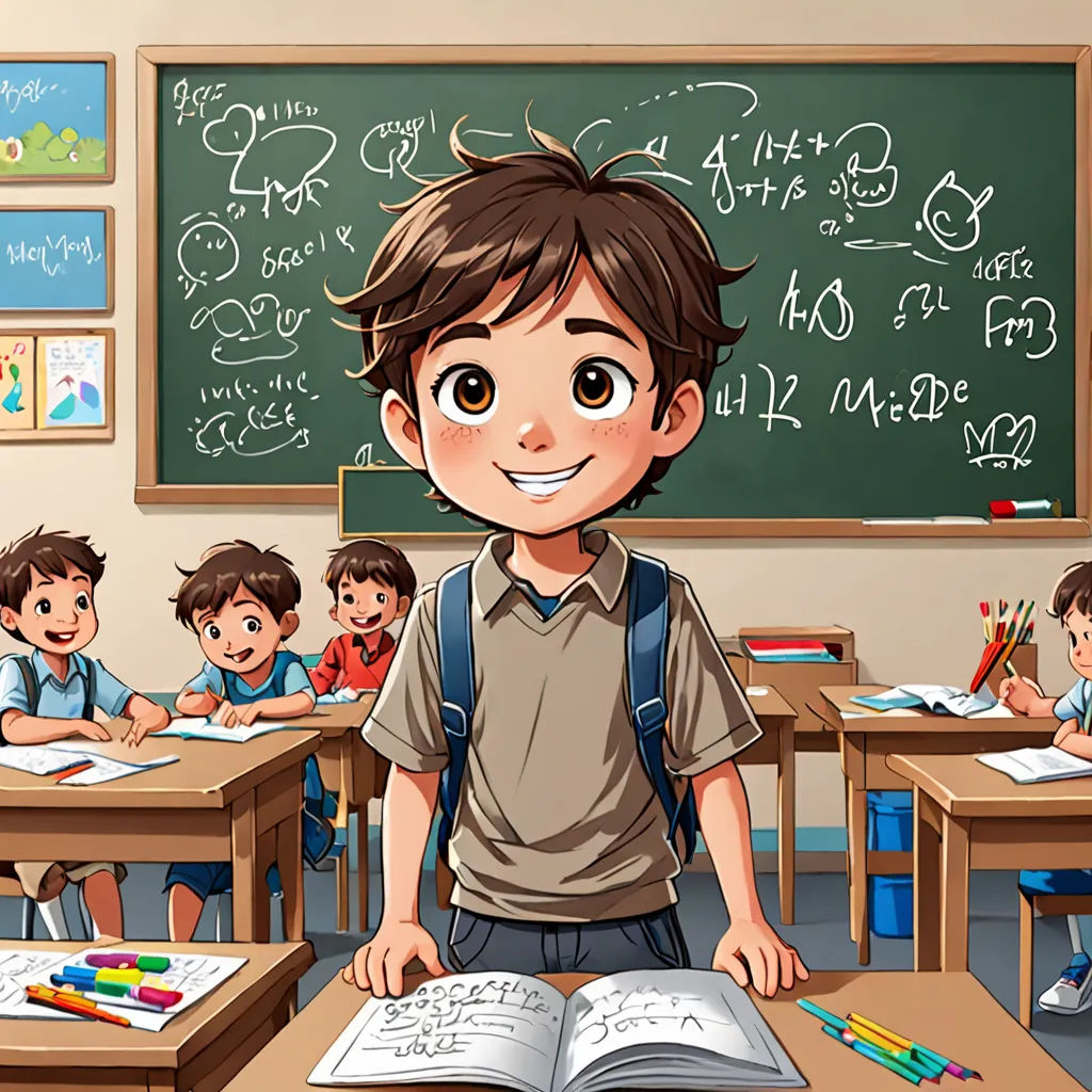 a boy standing in front of a classroom full of students with a book in his hand and a book open, danube school, a storybook illustration, Diego Gisbert Llorens, official art