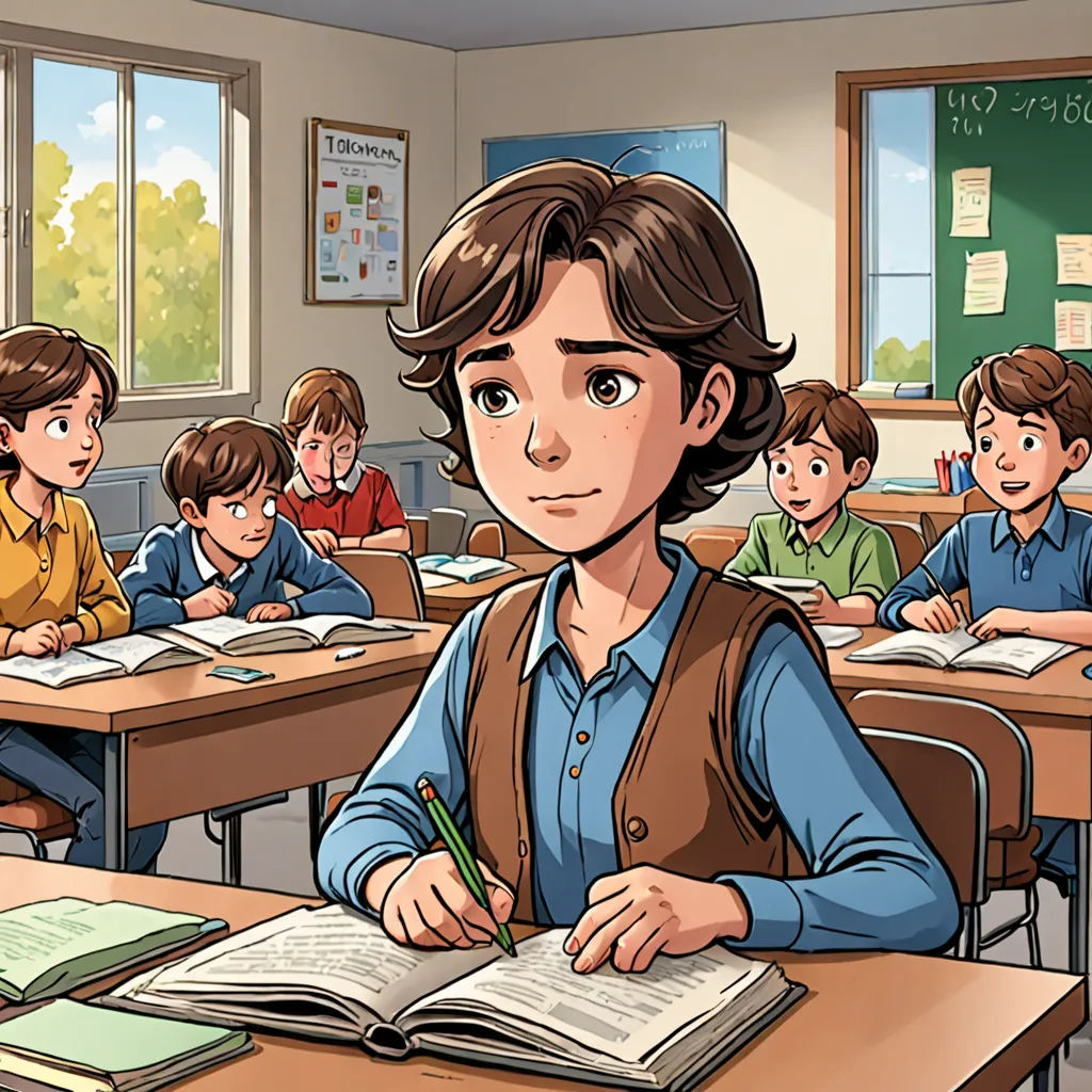a cartoon of a boy sitting at a desk with a book and pencil in front of him and other children behind him, vancouver school, a comic book panel, Diego Gisbert Llorens, official art