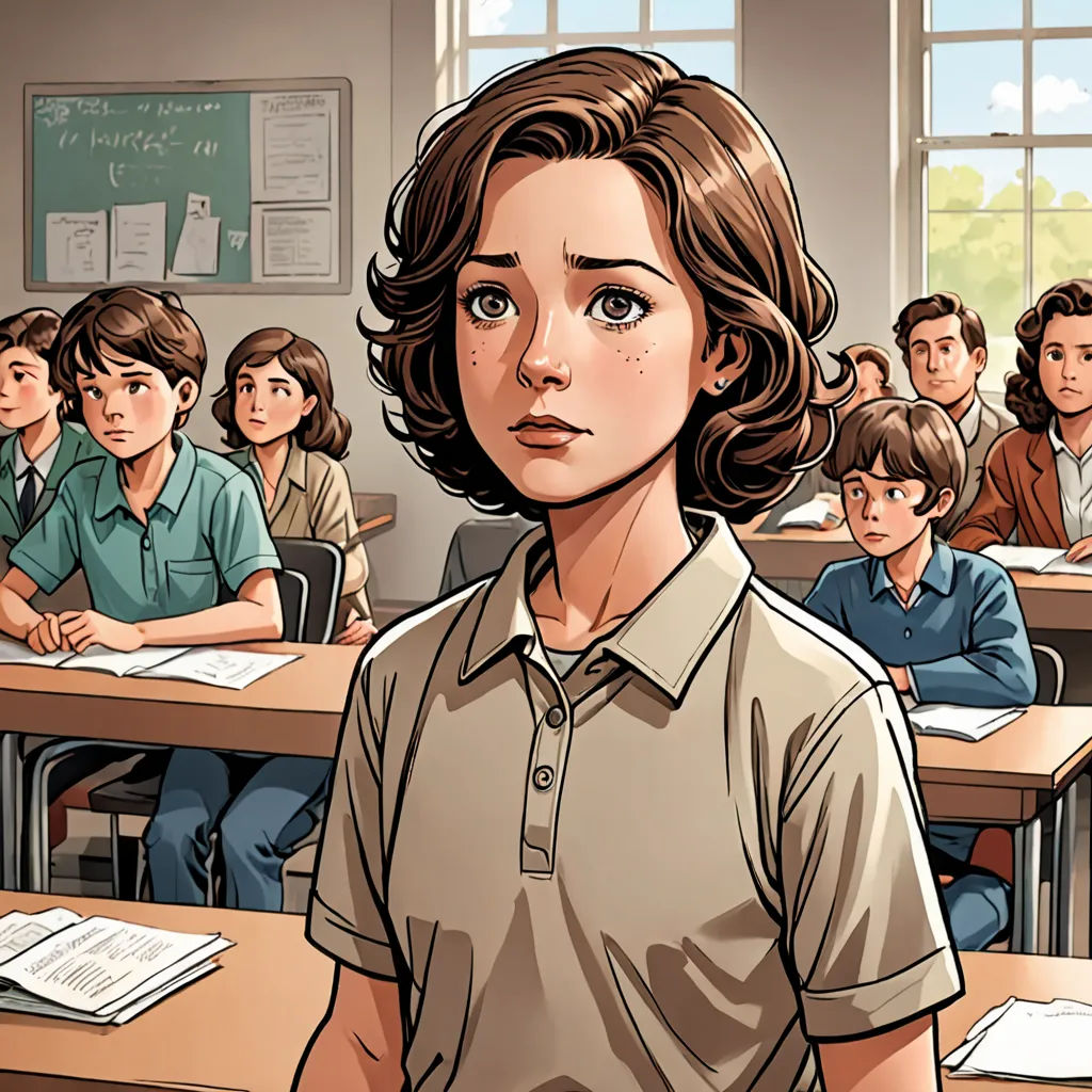 a cartoon of a girl standing in front of a classroom full of students with a teacher in the background, vancouver school, a comic book panel, Clarice Beckett, graphic novel