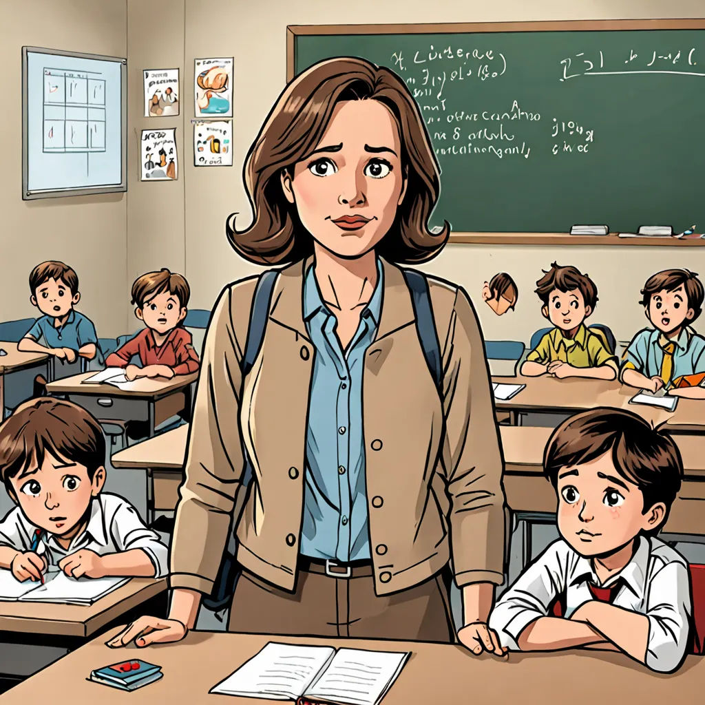 a woman standing in front of a classroom full of children with a chalkboard behind her and a chalkboard behind her, paris school, a comic book panel, Clark Voorhees, comic cover art