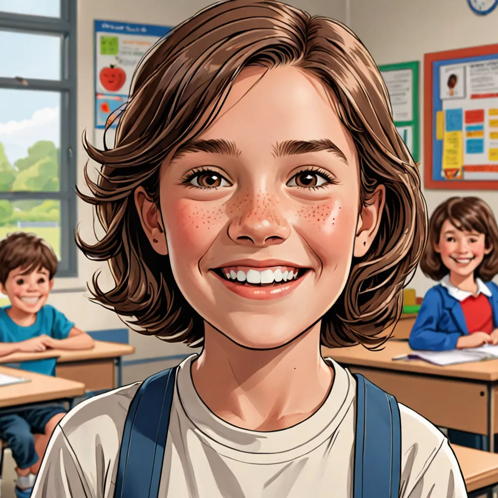 a cartoon of a smiling girl in a classroom with other children in the background, and a cartoon of a smiling girl in a classroom, paris school, a storybook illustration, Bob Byerley, ultra realistic illustration