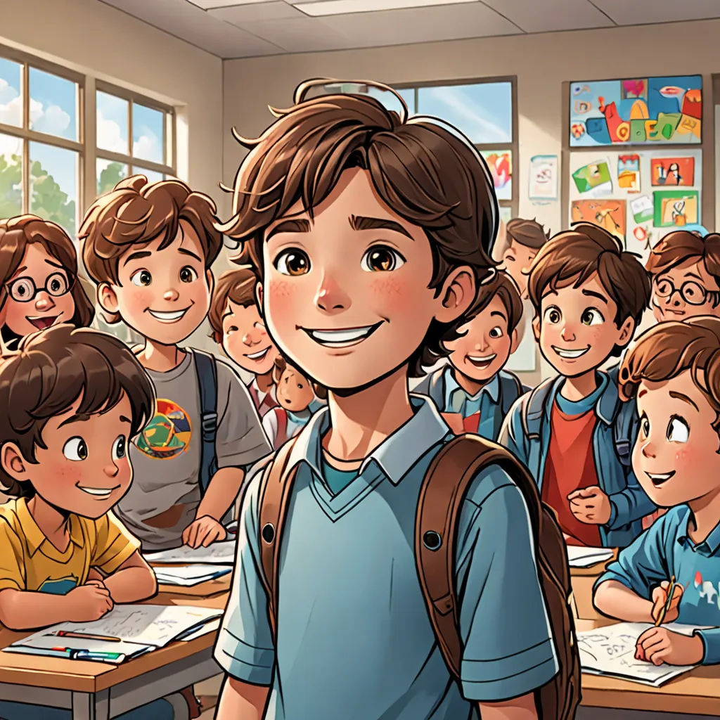 a boy standing in front of a classroom full of students with a backpack on his shoulder and a backpack on his shoulder, vancouver school, a comic book panel, Diego Gisbert Llorens, official art