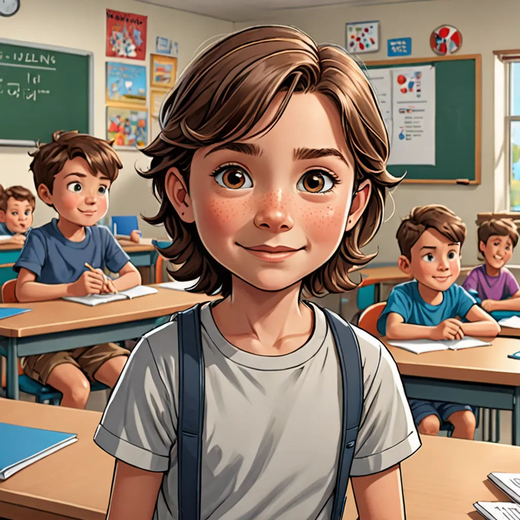 a cartoon of a boy in a classroom with other children in the background, and a teacher in the foreground, paris school, a storybook illustration, Diego Gisbert Llorens, official art