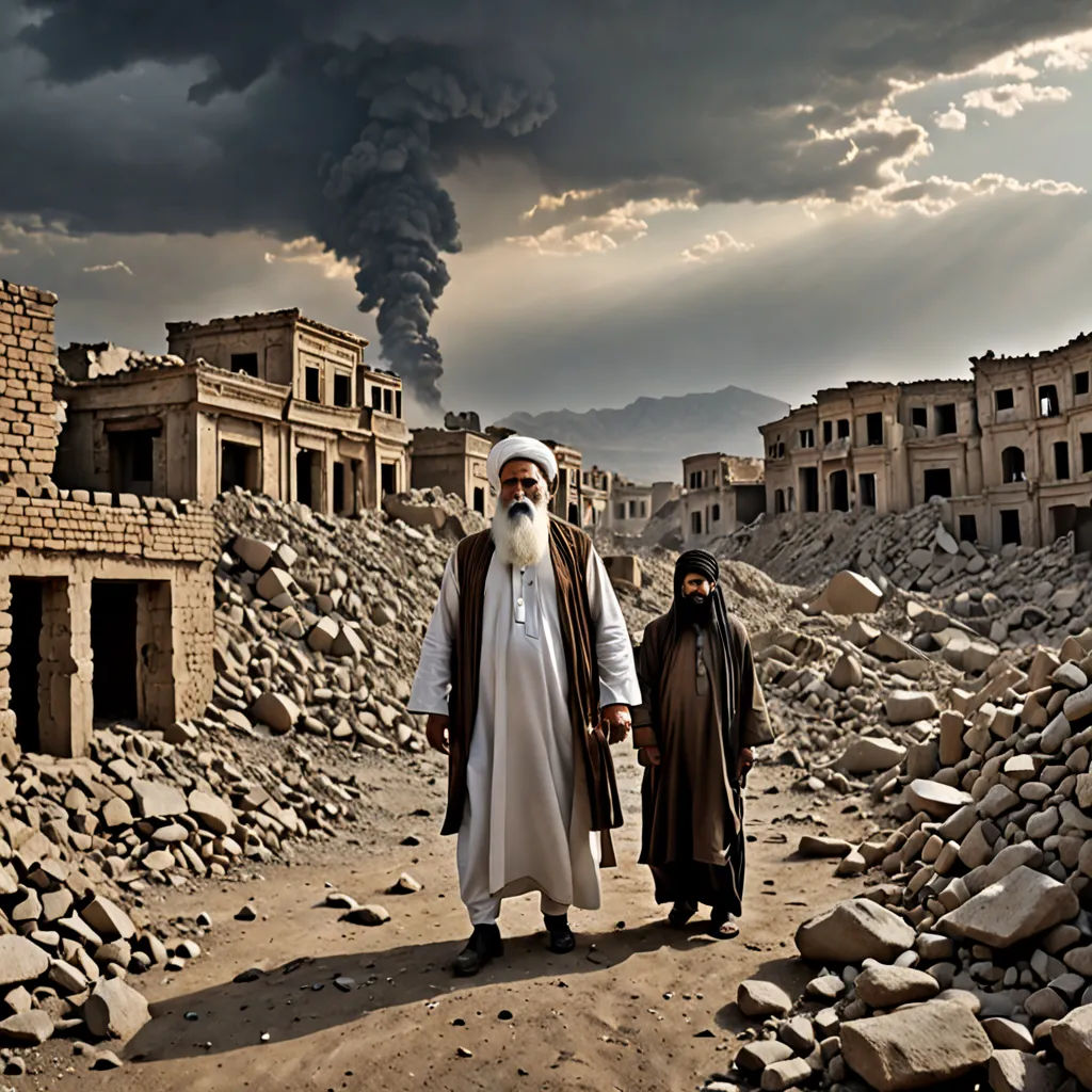 a man and a woman walking in a rubble area with a black cloud in the background of the picture, Amir Zand, serial art, a detailed matte painting, award-winning photograph