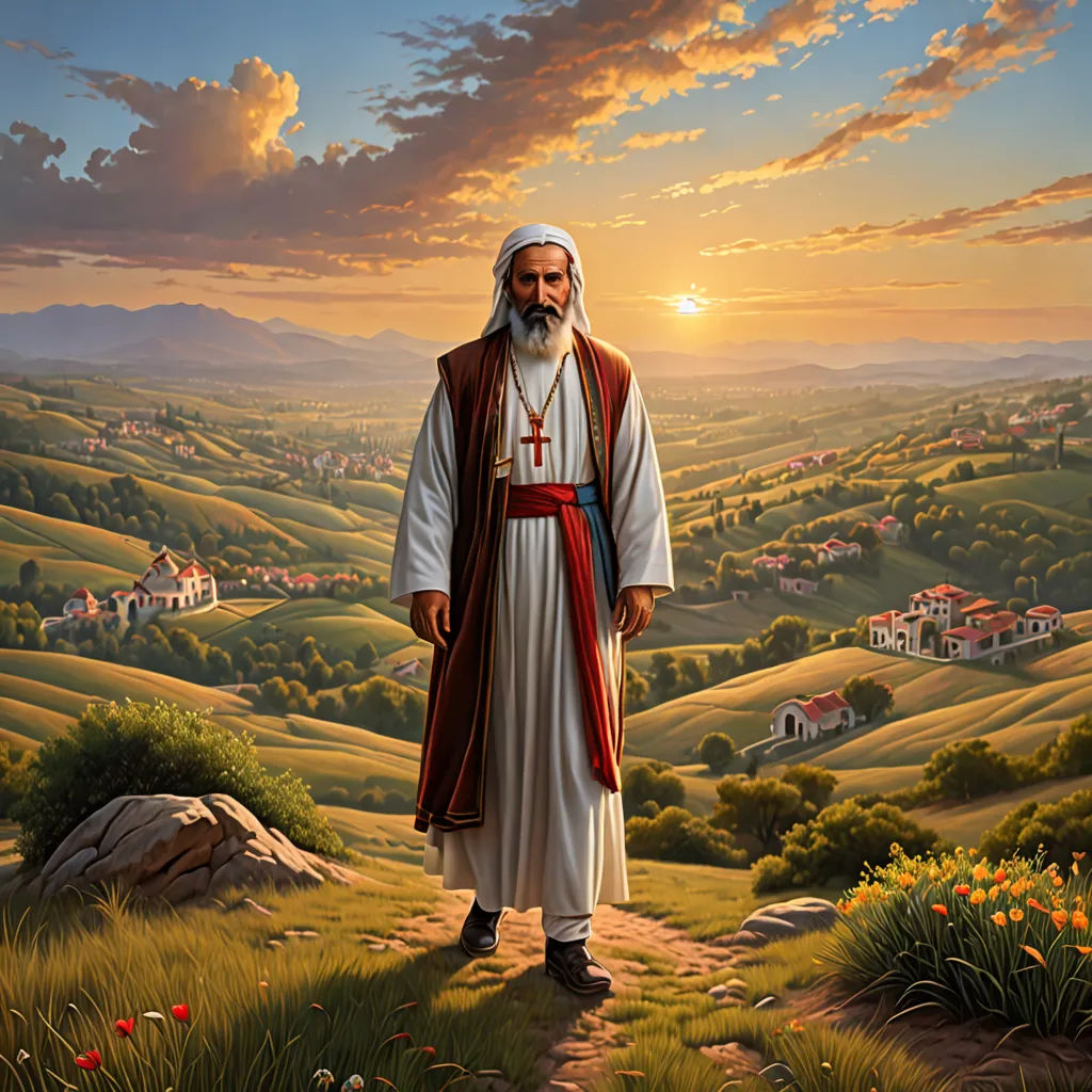 a painting of a man standing in a field with a sunset in the background and a sky with clouds, Brothers Hildebrandt, naive art, a detailed matte painting, professional digital painting