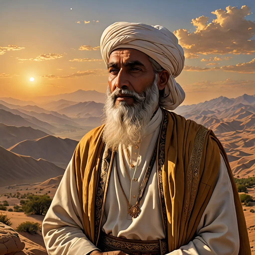 a man with a white beard and a white turban standing in the desert at sunset with mountains in the background, Amir Zand, dau-al-set, a detailed matte painting, orientalism