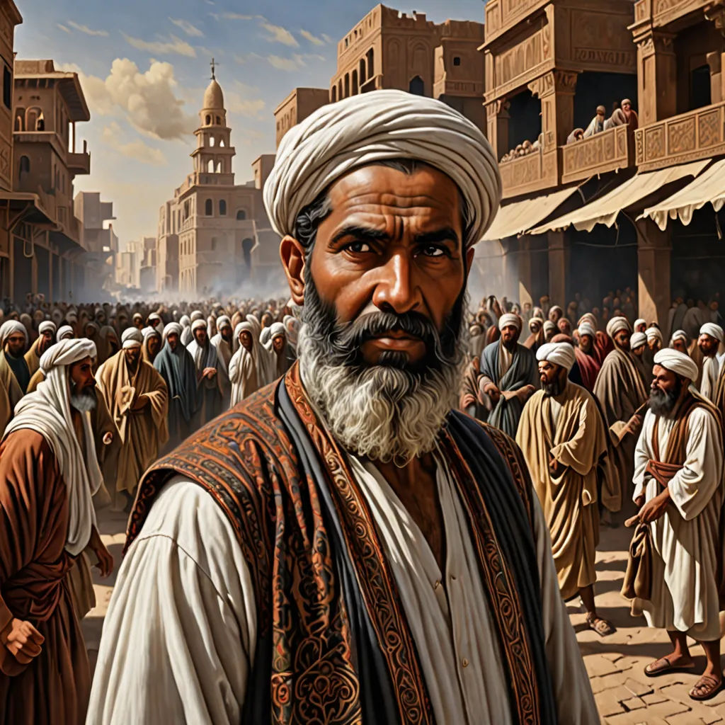 a painting of a man in a white turban and a crowd of people in a city street, Altoon Sultan, unilalianism, a detailed painting, orientalism