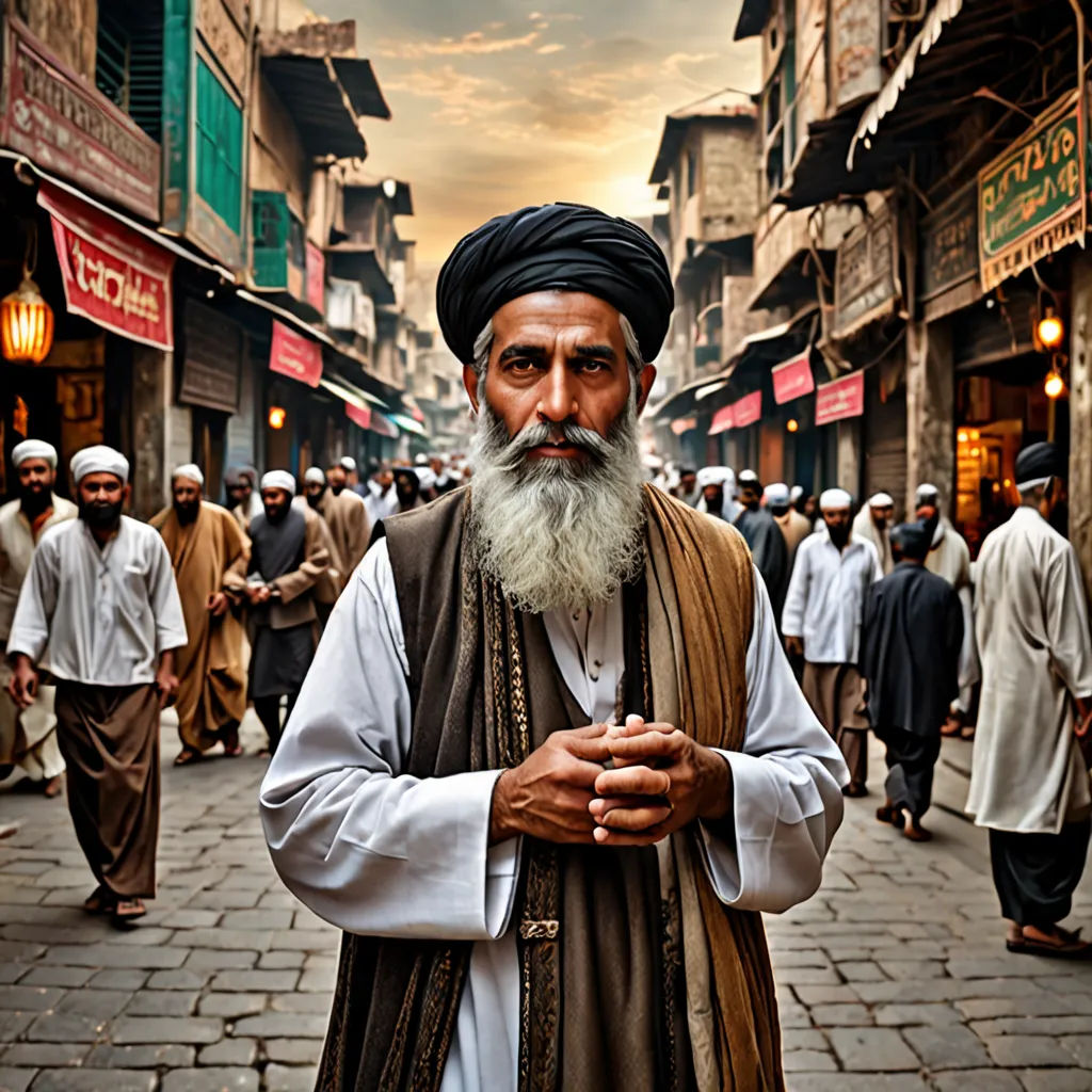 a man with a long beard and a white beard standing in a street with other people in the background, Amir Zand, hurufiyya, a character portrait, award-winning photograph