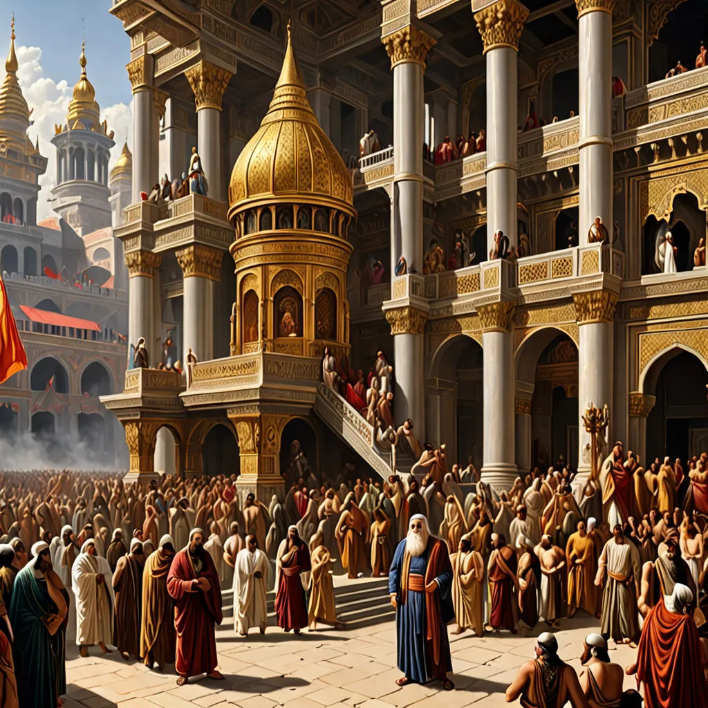 a painting of a crowd of people in a palace with a golden dome and golden spires on the top of the building, Christophe Vacher, classical realism, a detailed matte painting, cinematic matte painting