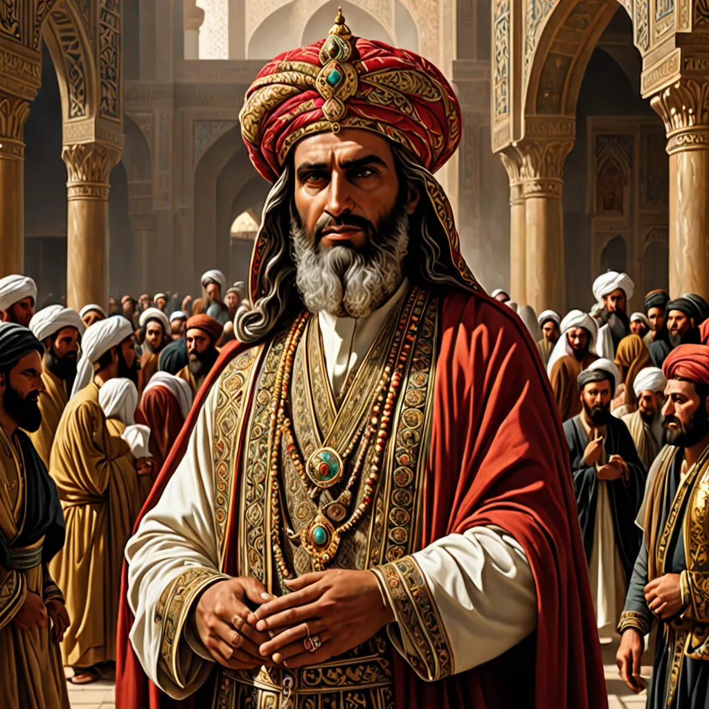 a painting of a man in a red outfit with a beard and a beard standing in front of a crowd of people, Altoon Sultan, qajar art, a detailed painting, detailed painting