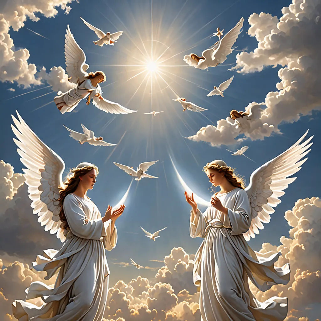 a painting of two angels surrounded by birds in the sky with the sun shining above them and clouds in the sky, Anne Stokes, gothic art, a digital rendering, angelic