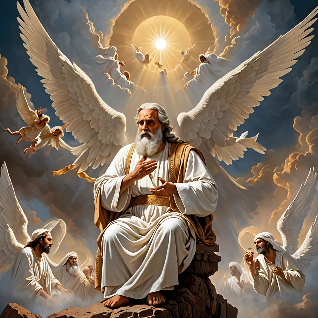 a painting of a man sitting on a rock with angels surrounding him and a halo above him that is shining, Evelyn De Morgan, gothic art, a detailed drawing, divinity