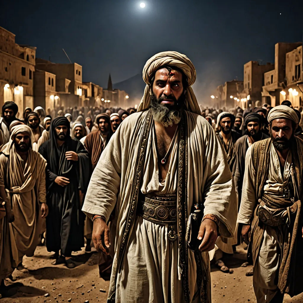 a group of men in a village at night with a full moon in the background and a dark sky, Amir Zand, hurufiyya, a photo, cinematic photography