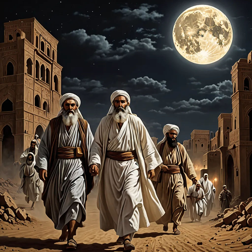 a painting of three men walking in the desert with a full moon in the background and a dark sky, Amir Zand, hurufiyya, a detailed matte painting, orientalism