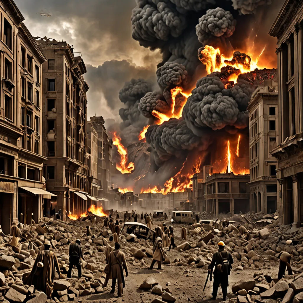 a large fire is raging out of a building in a city with people walking around it and a dog standing in the foreground, Carel Willink, nuclear art, a detailed matte painting, dieselpunk