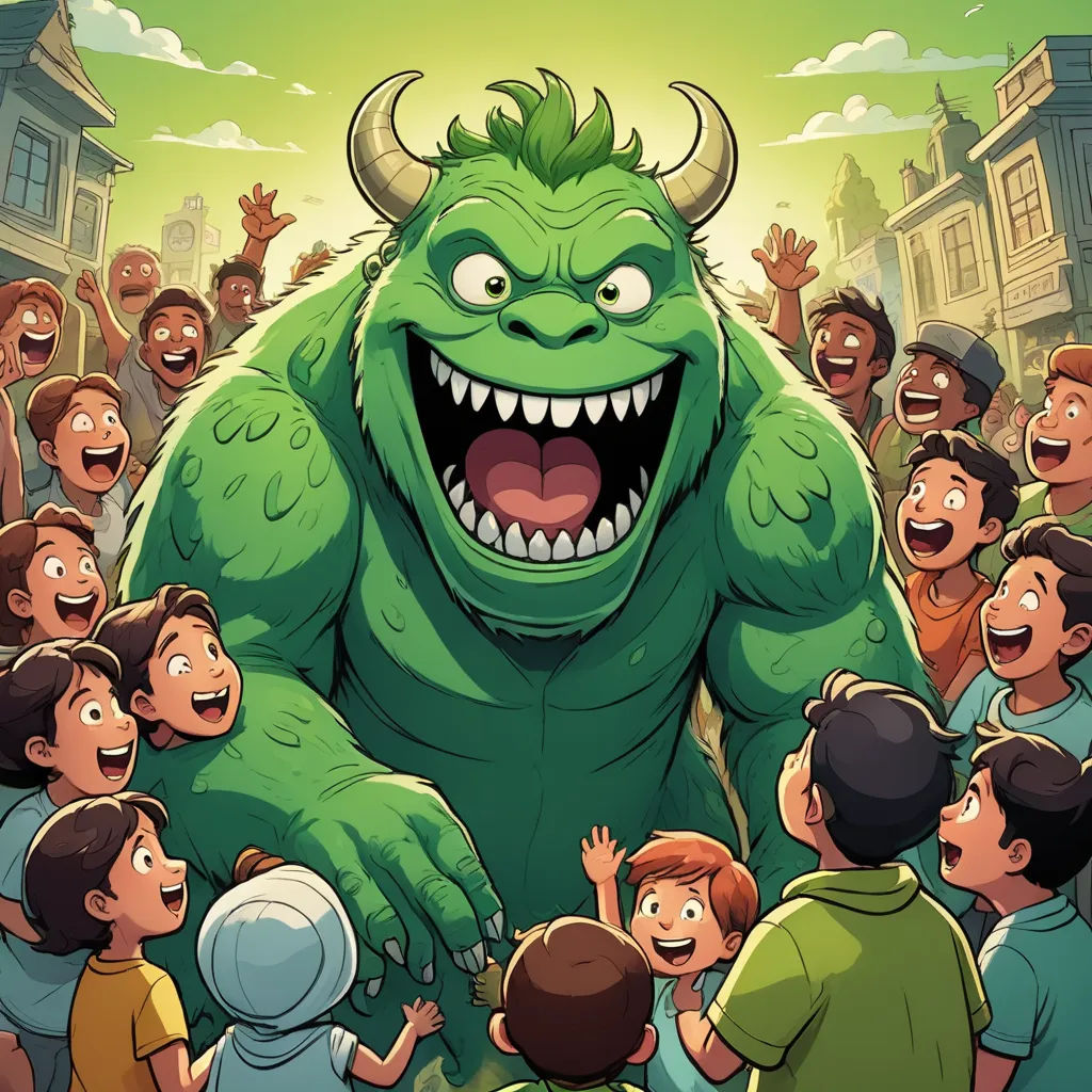 a cartoon of a monster surrounded by children in a crowd of people, with a green background and a green background, samikshavad, a storybook illustration, Chris LaBrooy, comic cover art