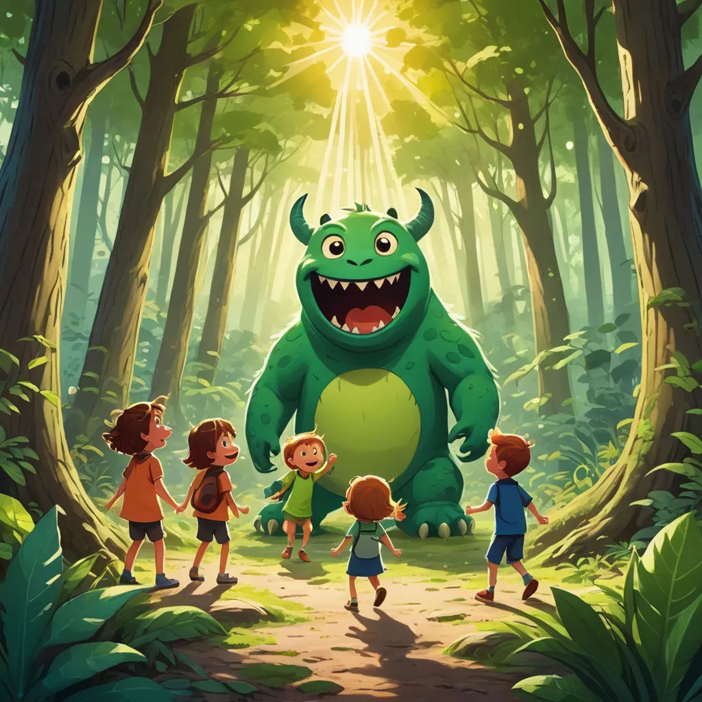 a group of children standing in front of a monster in the forest with a sun shining through the trees, sots art, a storybook illustration, Adam Rex, storybook illustration