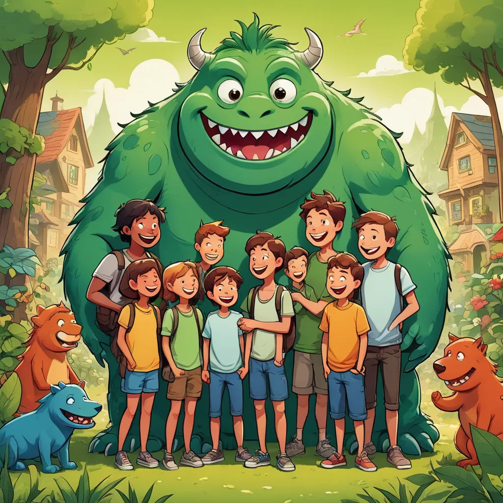 a group of kids standing in front of a giant monster with a big smile on its face and a man in the middle of the picture, sots art, a storybook illustration, Diego Gisbert Llorens, storybook illustration