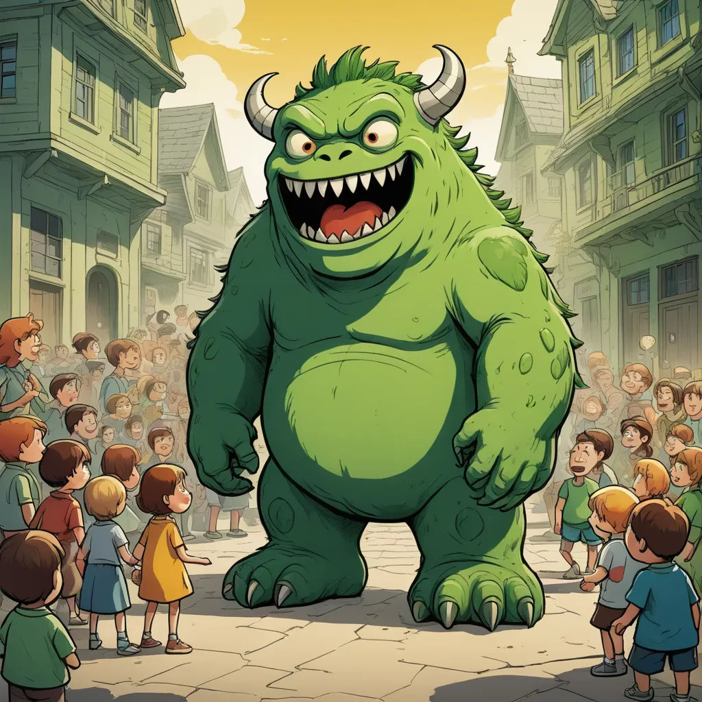 a cartoon of a monster with a crowd of children watching it in the street with a building in the background, fantasy art, a storybook illustration, Chris LaBrooy, storybook illustration