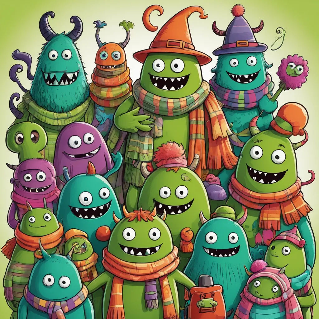 a group of cartoon monsters with hats and scarves on their heads and scarves on their heads, all wearing scarves, antipodeans, a storybook illustration, Andries Stock, character design