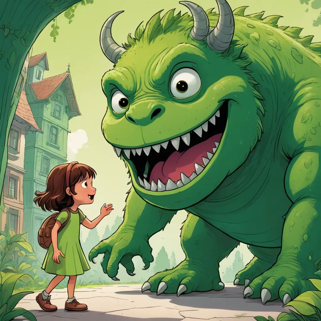 a girl is looking at a monster with a big grin on it's face and a big green monster with a huge mouth, fantasy art, a storybook illustration, Diego Gisbert Llorens, storybook illustration