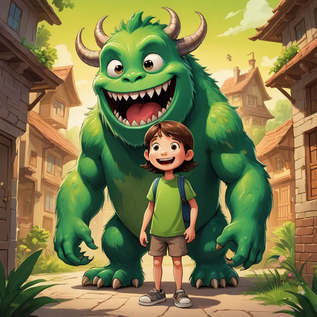 a boy and a monster in a cartoon style with a background of buildings and a town with houses and a green monster, sots art, a storybook illustration, Diego Gisbert Llorens, key art