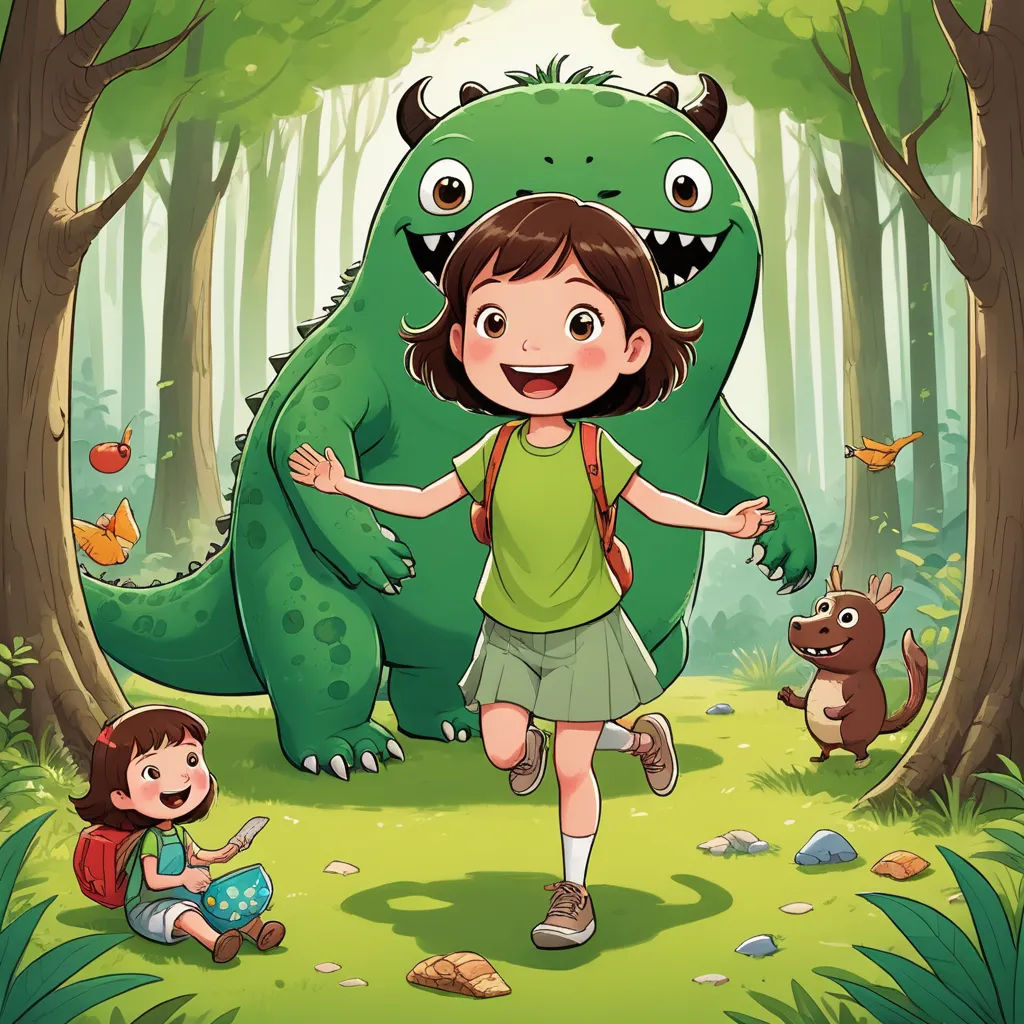 a girl and a dinosaur in the forest with a girl sitting on the ground and a girl standing in front of them, lyco art, a storybook illustration, Diego Gisbert Llorens, storybook illustration