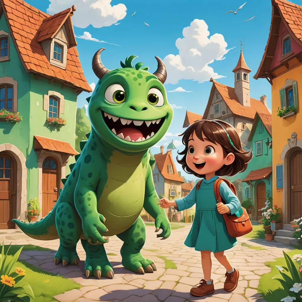 a girl is standing next to a dinosaur in a cartoon scene with a house and a dragon in the background, fantasy art, a storybook illustration, Chris LaBrooy, promotional image