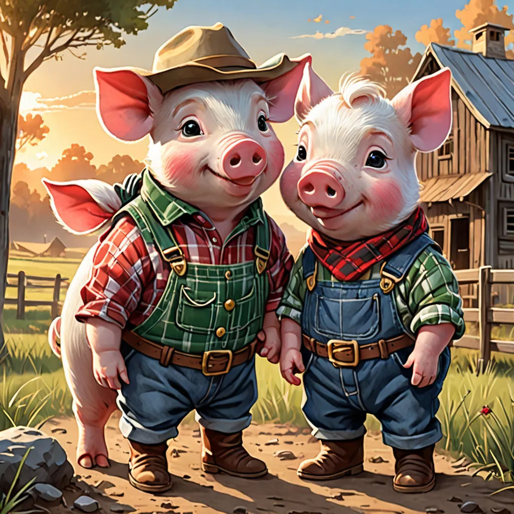 two pigs standing next to each other in a field near a barn and a tree with a house in the background, sots art, a storybook illustration, Chris Rahn, stanley artgerm lau