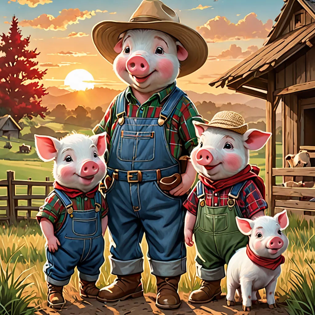 a painting of three pigs and a farmer in a field with a barn in the background and a sunset, american realism, a storybook illustration, Bob Byerley, official art