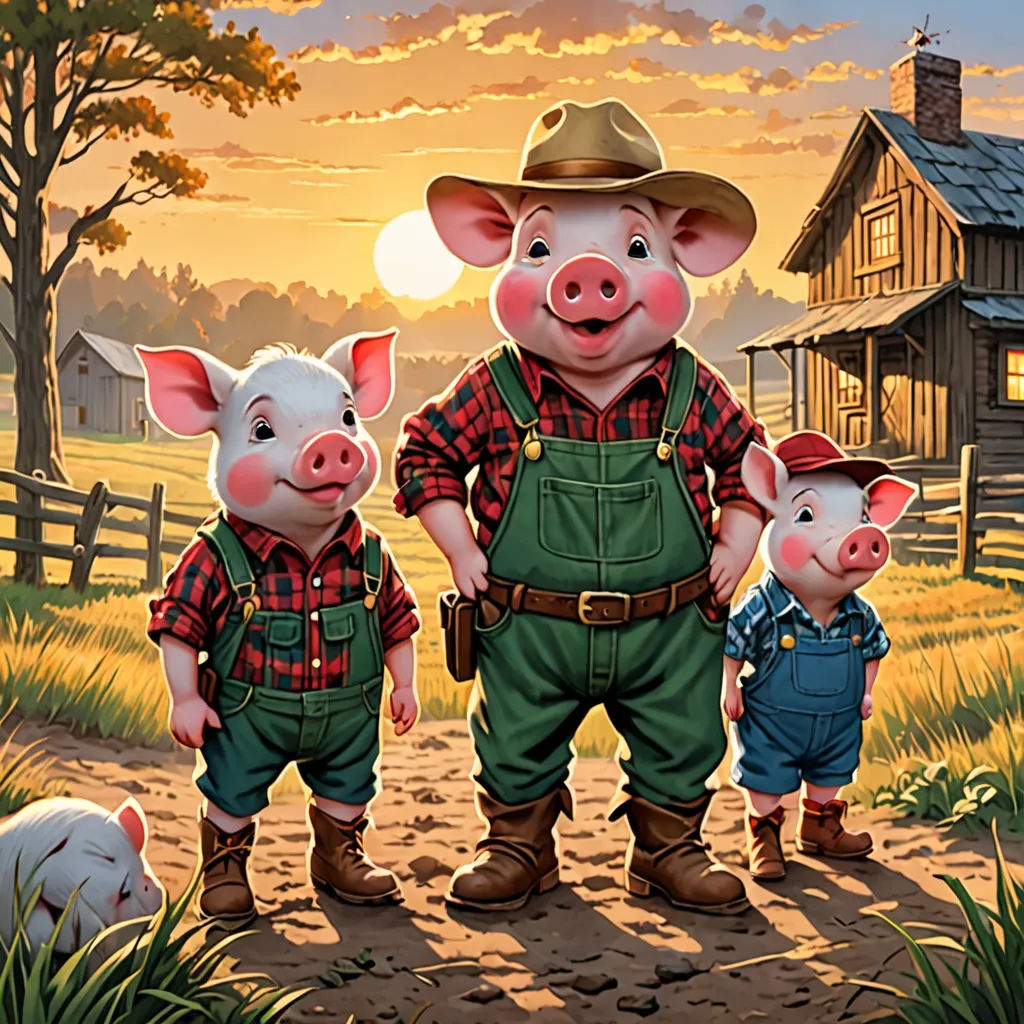 three pigs are standing in a field with a farm scene in the background and a barn in the background, regionalism, a storybook illustration, Bob Byerley, official art
