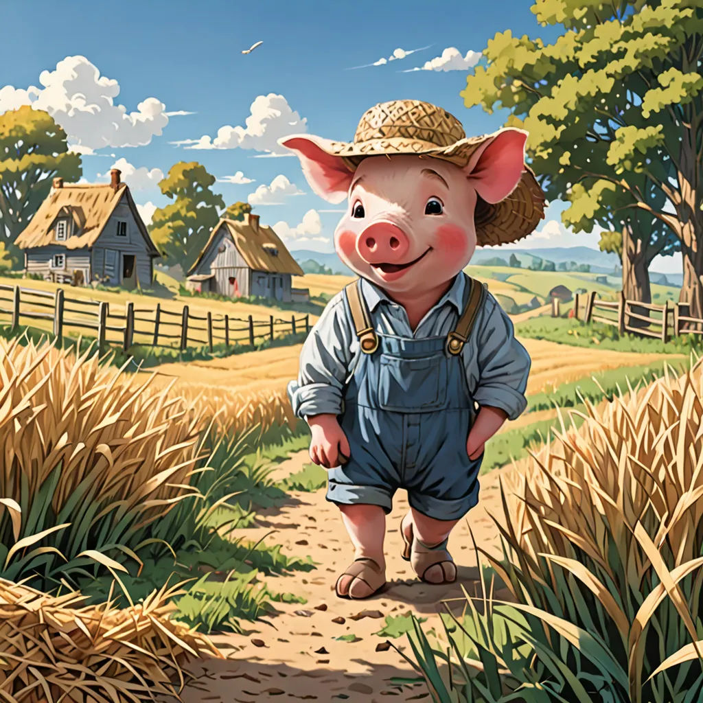 a pig in overalls and a hat standing in a field of wheat near a farm house and a fence, american scene painting, a storybook illustration, Bob Byerley, storybook illustration
