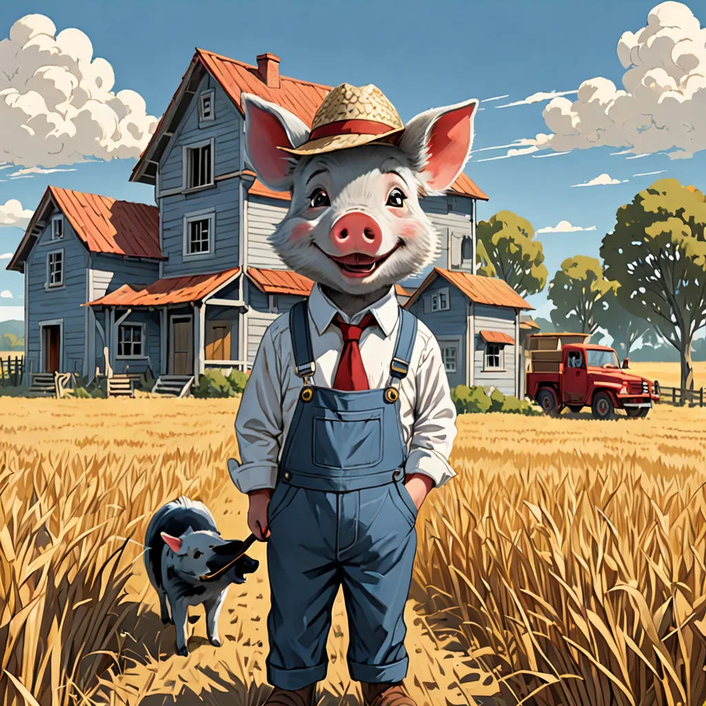 a pig in overalls and a hat standing in a field with a dog in front of a house, american realism, a storybook illustration, Dan Mumford, comic cover art