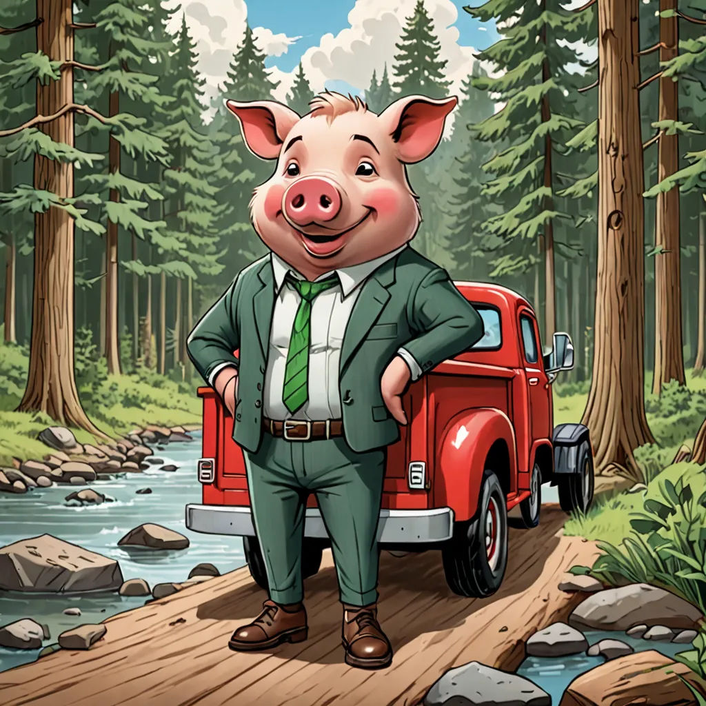 a pig in a suit standing next to a red truck in a forest with a river and trees behind it, regionalism, a character portrait, David Young Cameron, promotional image