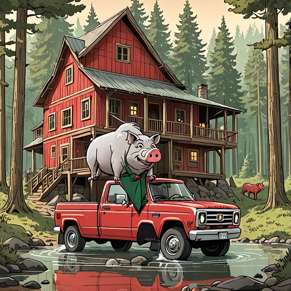 a pig is sitting on the back of a red truck in front of a red house and a red pig, american scene painting, a storybook illustration, Dan Mumford, comic cover art