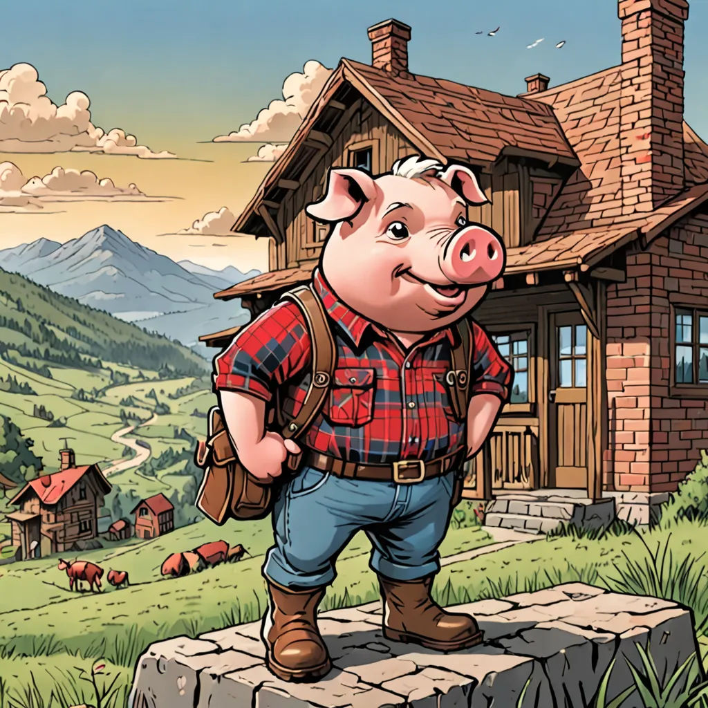 a pig with a backpack standing in front of a house with a mountain view behind it and a person standing on a rock, regionalism, a storybook illustration, Diego Gisbert Llorens, storybook illustration