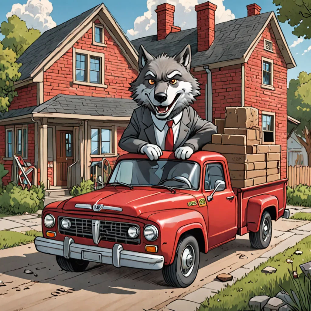 a cartoon of a wolf in a suit on the back of a red truck with a brick house in the background, furry art, a storybook illustration, F. Scott Hess, furaffinity