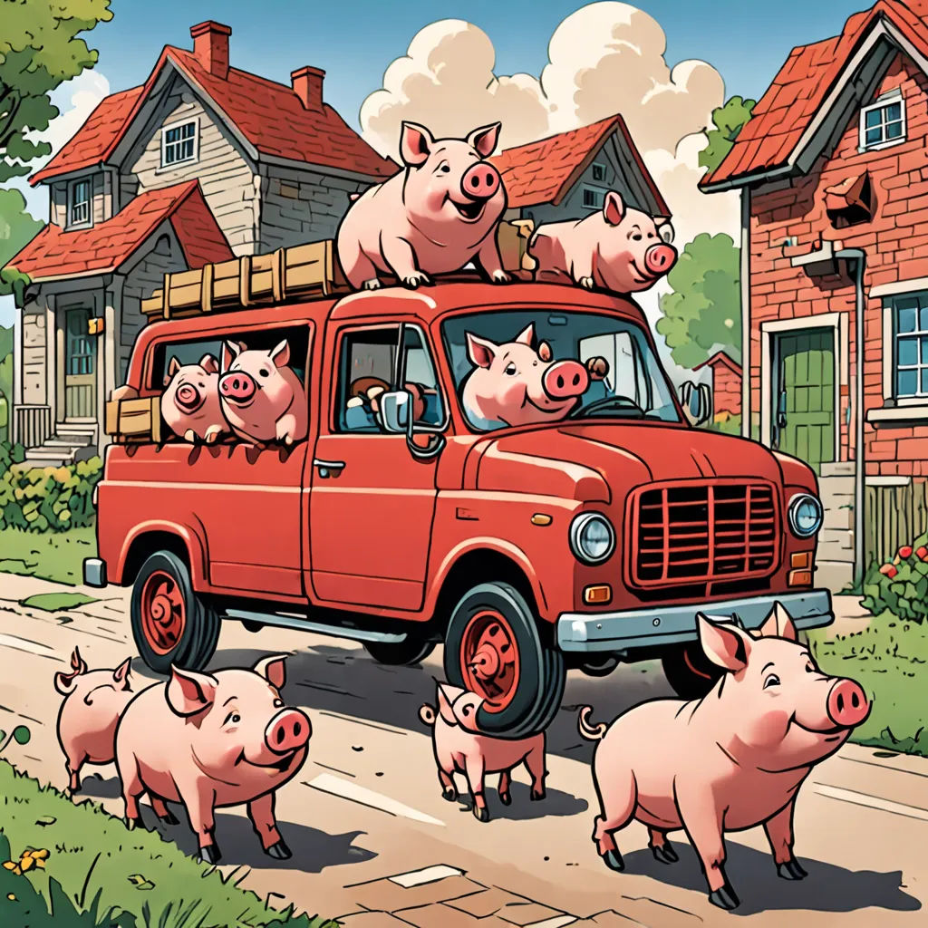 a red truck with pigs on top of it driving down a road next to a house and a pig family, massurrealism, a storybook illustration, Brian Despain, detailed illustration