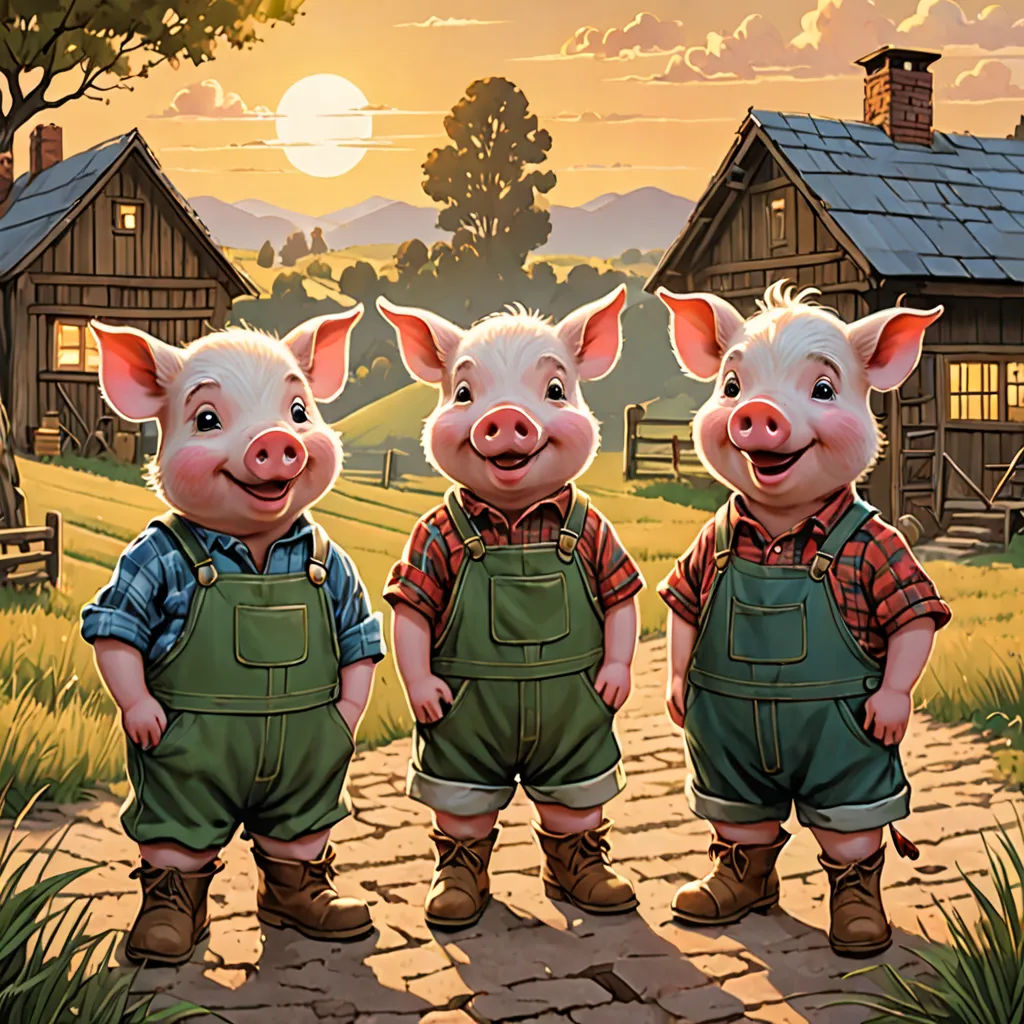 three pigs standing in front of a farm with a sunset in the background and a barn in the background, american realism, a storybook illustration, Bob Byerley, official art