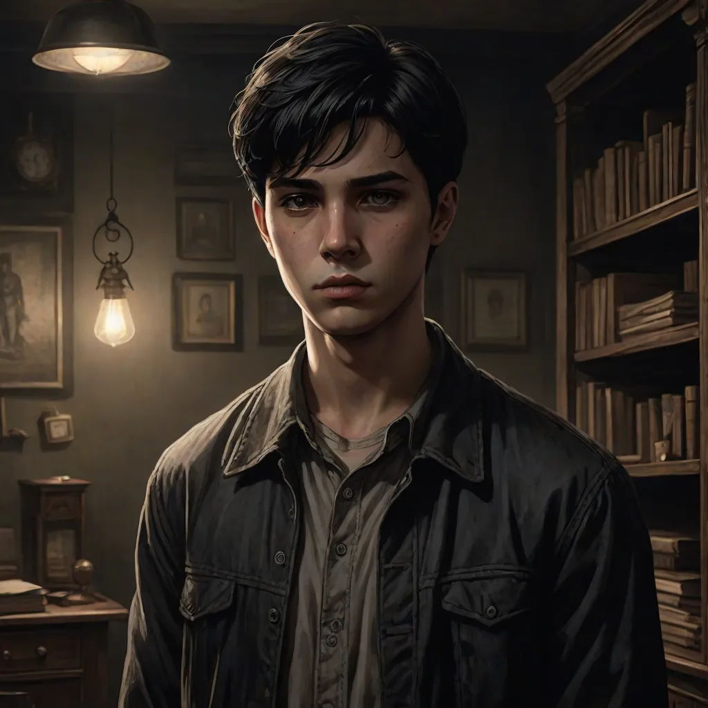 a man standing in a dark room with a light on and a book shelf in the background with books, sots art, a character portrait, Cedric Peyravernay, stanley artgerm lau