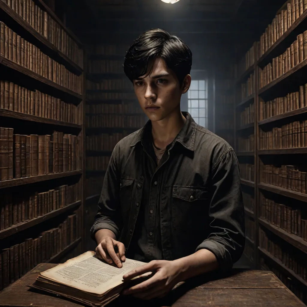 a man sitting at a table in a library holding a book in his hands and looking at the camera, private press, a character portrait, Aloysius O'Kelly, promotional image