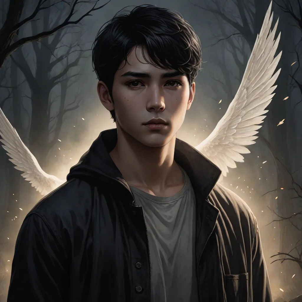 a painting of a young man with wings on his head and a forest in the background with trees and branches, fantasy art, a character portrait, Cedric Seaut (Keos Masons), stanley artgerm lau