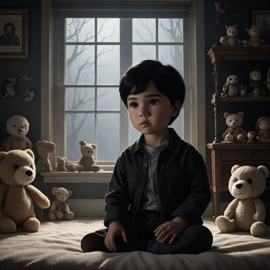 a boy sitting on a bed with stuffed animals around him and a window in the background with a foggy sky, photorealism, a photorealistic painting, Eddie Mendoza, promotional image