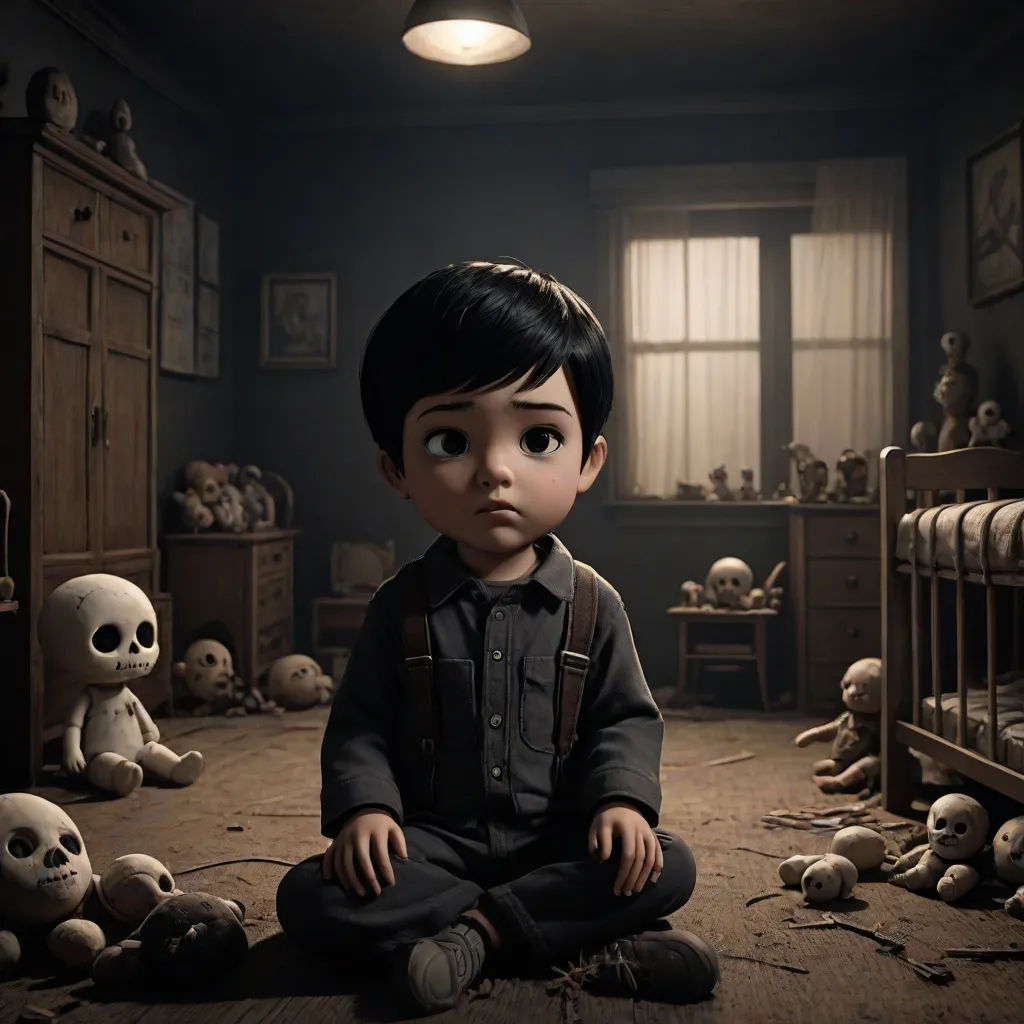 a child sitting on the floor in a room with skulls and a crib with a lamp on it, photorealism, a detailed matte painting, Eddie Mendoza, promotional image