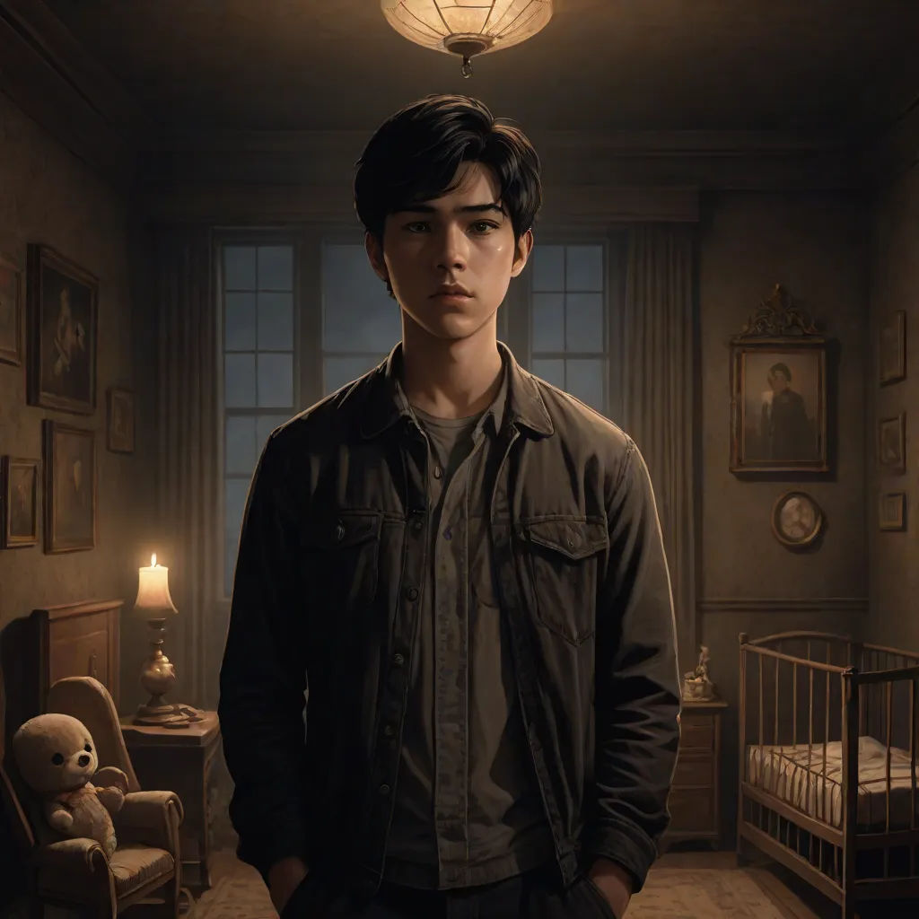 a man standing in a room with a teddy bear in the corner of the room and a lamp above him, photorealism, poster art, Drew Struzan, key art