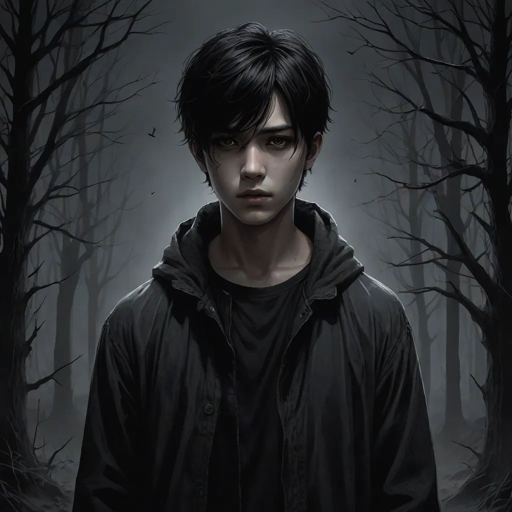 a man in a black jacket standing in a forest with trees and birds flying overhead in the background, with a dark background, gothic art, a character portrait, Cedric Seaut (Keos Masons), stanley artgerm lau